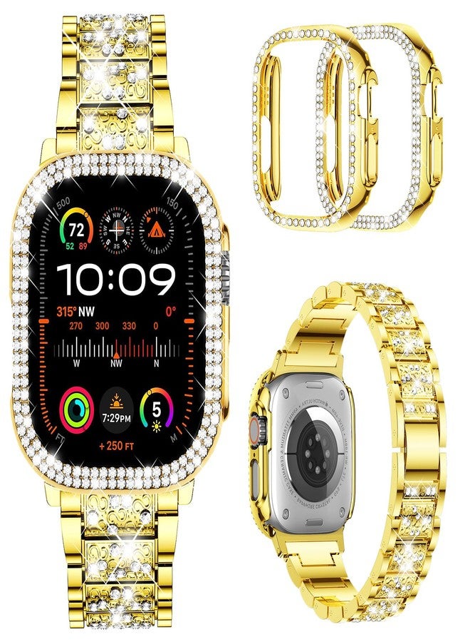 Mosonio Compatible with Apple Watch Band Ultra 49mm with Case Women, Jewelry Replacement Metal Wristband Strap with 2 Pack Bling PC Protective Cover for iWatch Ultra 49mm (Gold) - Image 1